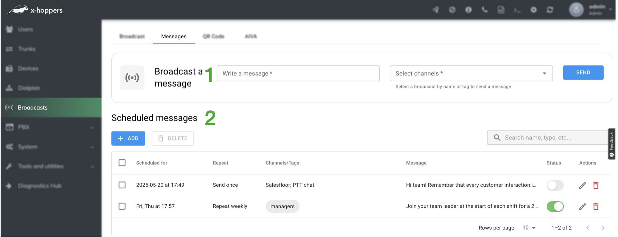 x-hoppers broadcast messages-Messages menu.png